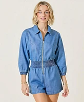Modenaire Women's Zip Front Smocked Waist 3/4 Sleeve Romper