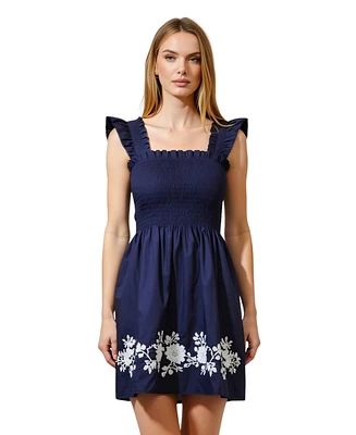 Modenaire Women's Smocked Ruffle Strap Floral Embroidery Mini Dress