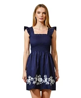 Modenaire Women's Smocked Ruffle Strap Floral Embroidery Mini Dress