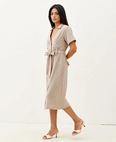 Modenaire Women's Striped Collared Waist Tie Button-Down Midi Dress