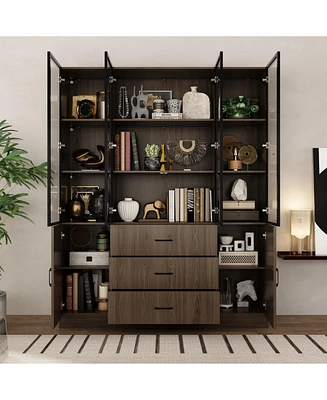 Famapy Brown Wood 13-Shelf Standard Bookcase with Pop up Glass Doors
