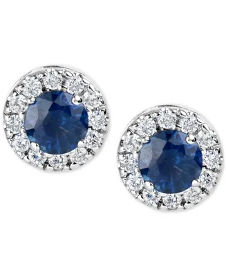 Sapphire (1-1/5 ct. t.w.) and Diamond (1/3 ct. t.w.) Halo Stud Earrings in 14k White Gold (Also Available in Ruby and Emerald)