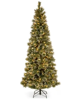 National Tree Company 7.5' Glittery Bristle Pine Slim Hinged Christmas Tree with 600 White Led Lights