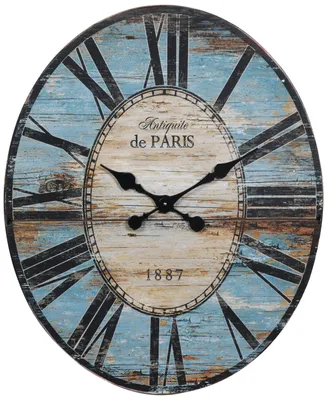 Decorative Oval Wood Wall Clock with Distressed Finish, Turquoise