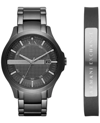 Men's Black Stainless Steel Bracelet Watch Gift Set 46mm
