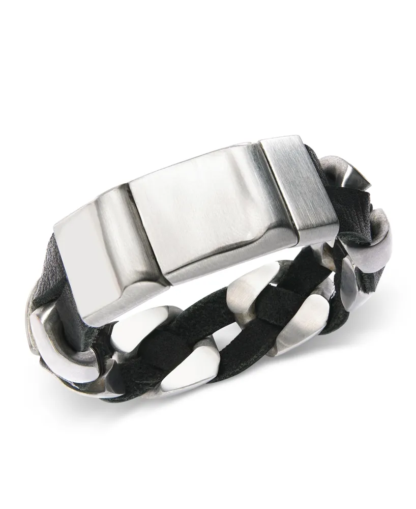 Sutton by Rhona Sutton Stainless Steel and Black Leather Chain Bracelet