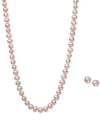 White Cultured Freshwater Pearl (6mm) Necklace and Matching Stud (7-1/2mm) Earrings Set Sterling Silver