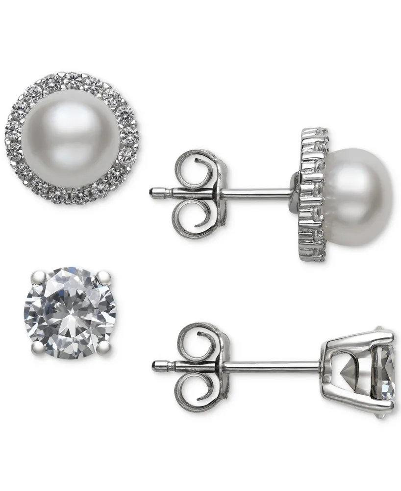 Belle de Mer 2-Pc. Set Cultured Freshwater Pearl (6mm) & Cubic Zirconia Stud Earrings in Sterling Silver, Created for Macy's