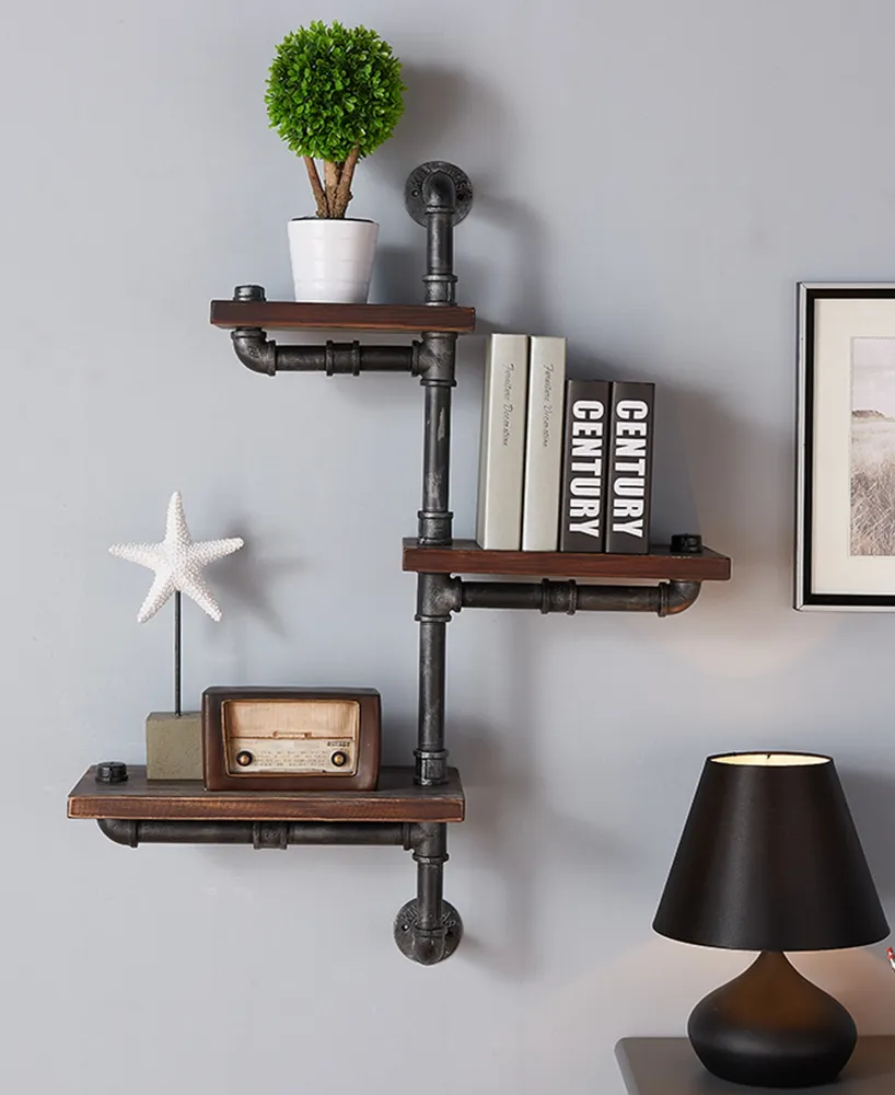 30" Orton Industrial Pine Wood Floating Wall Shelf in Gray and Walnut Finish