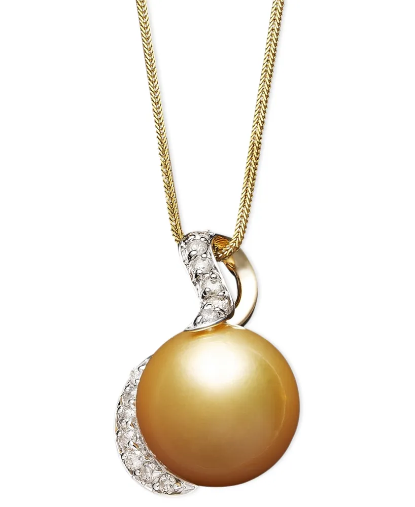 14k Gold Necklace, Cultured Golden South Sea Pearl (13mm) and Diamond (1/3 ct. t.w.) Pendant