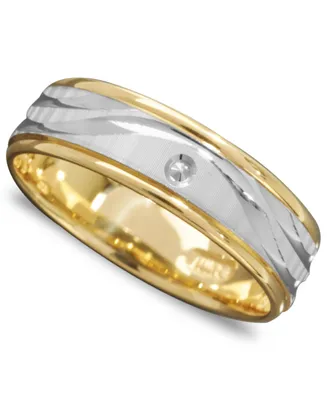 Men's 14k Gold and White Ring, Wave Engraved Band