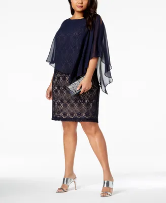 Connected Plus Size Chiffon-Overlay Lace Sheath Dress