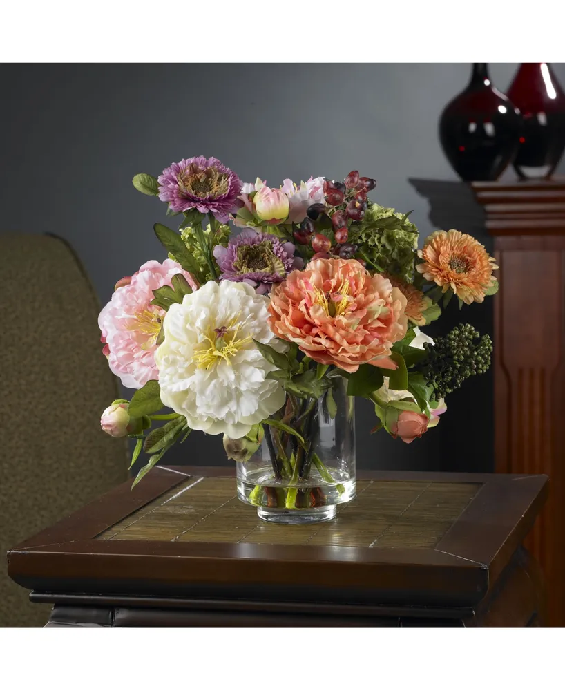 Nearly Natural Artificial Peony Arrangement with Glass Vase