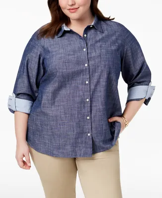 Tommy Hilfiger Plus Cotton Chambray Roll-Sleeve Shirt, Created for Macy's