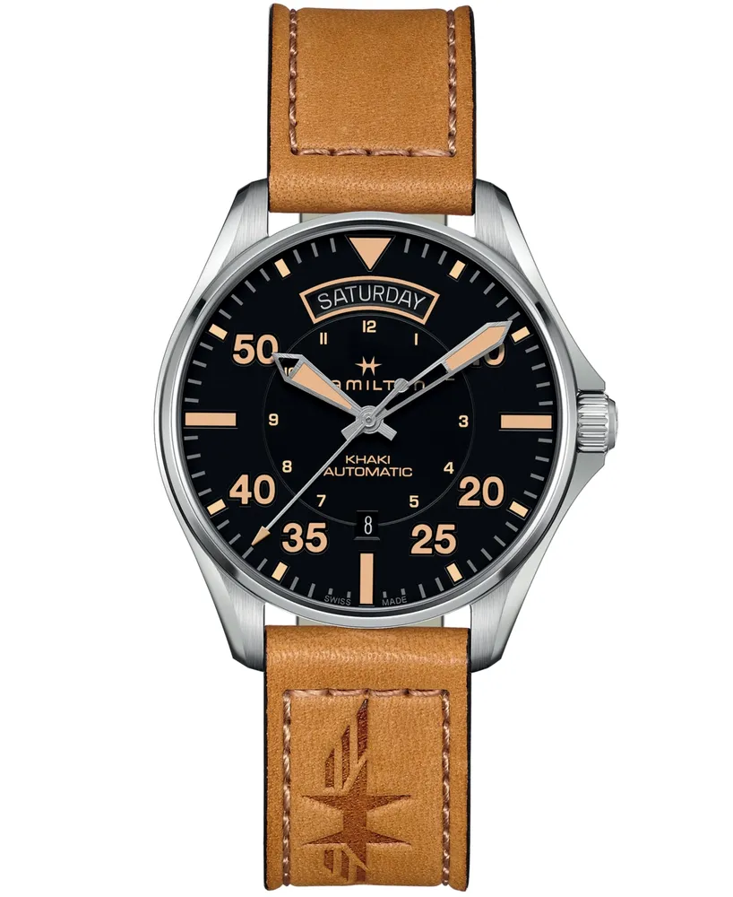 Hamilton Men's Swiss Automatic Khaki Pilot Brown Leather Strap Watch 42mm