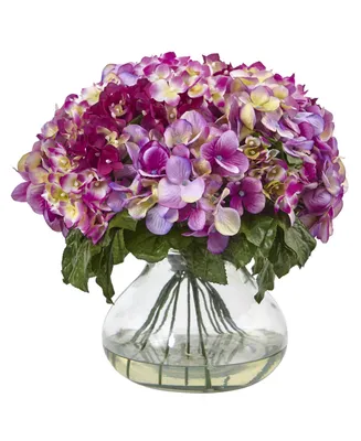 Nearly Natural Dark Pink Hydrangea Artificial Arrangement with Large Glass Vase