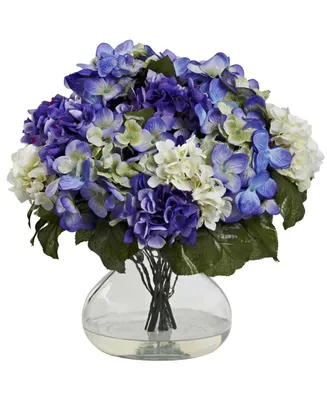 Nearly Natural Blue Hydrangea Artificial Arrangement with Large Glass Vase