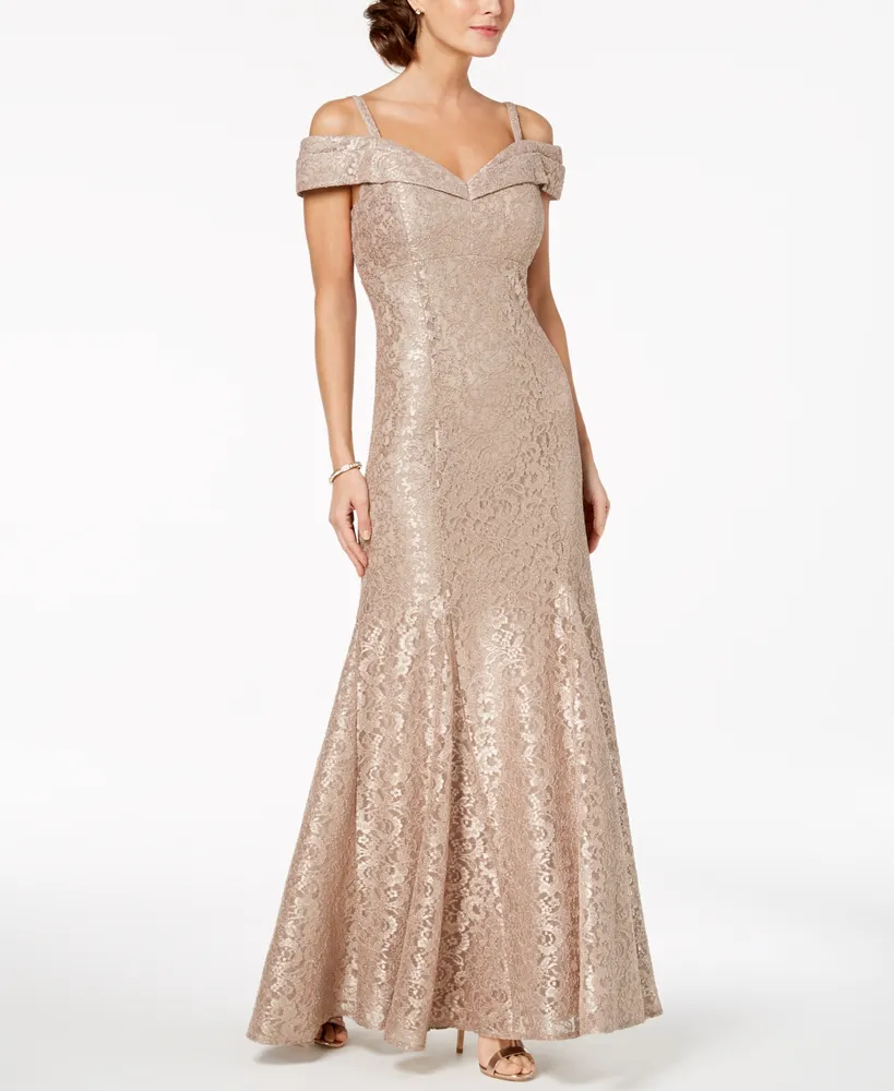 R & M Richards Off-The-Shoulder Lace Gown
