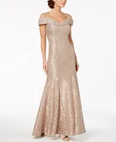 R & M Richards Off-The-Shoulder Lace Gown
