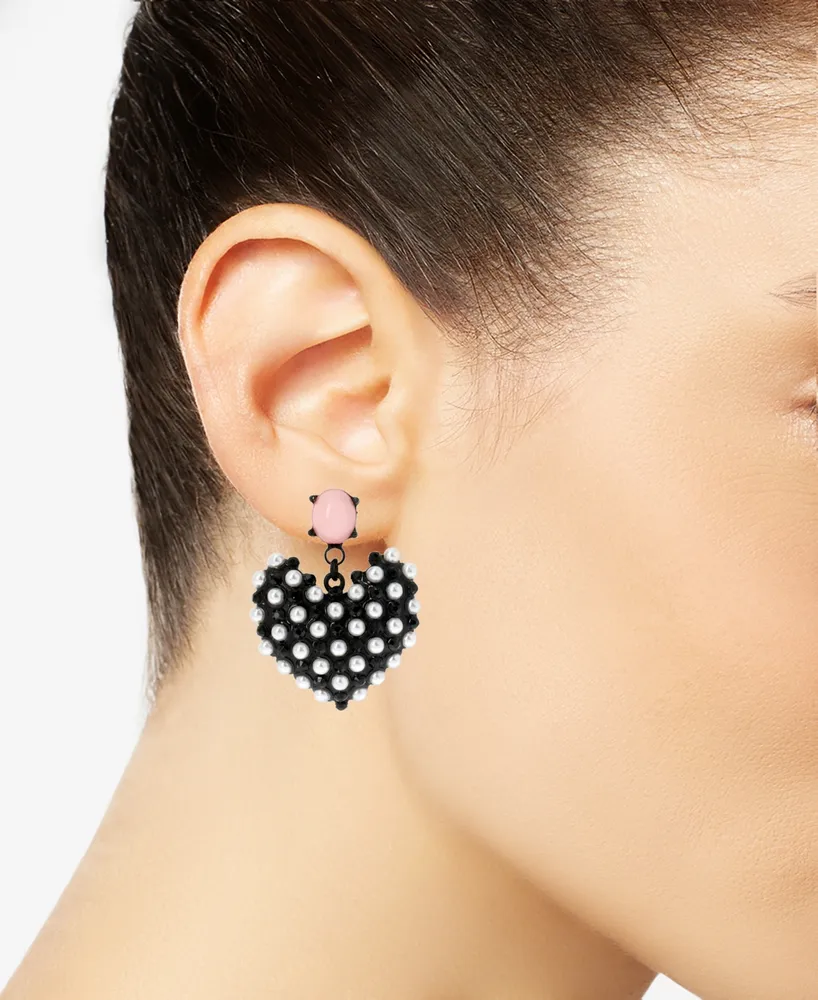 Betsey Johnson Black-Tone Imitation Pearl Heart Earrings