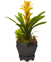 Nearly Natural Bromeliad Artificial Plant Black Hexagon Planter