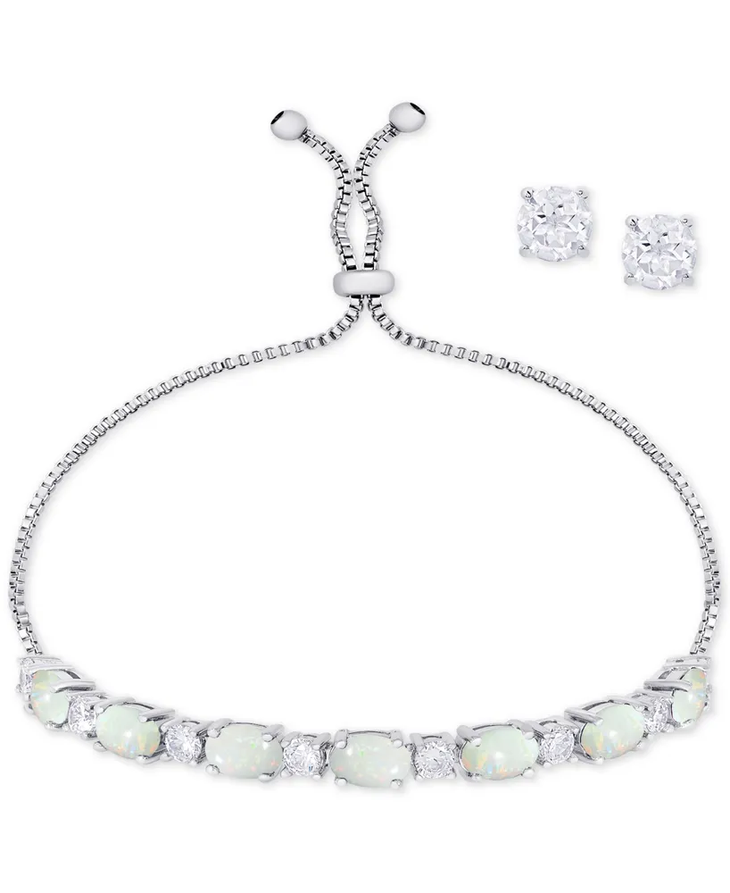 Simulated Opal Slider Bracelet & Cubic Zirconia Stud Earrings Set In Silver-Plate, October Birthstone