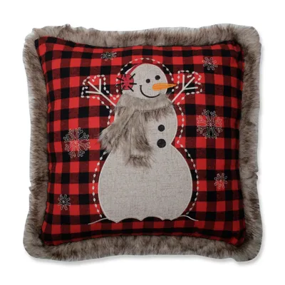 Fur Snowman Square Red/Black 18" Throw Pillow