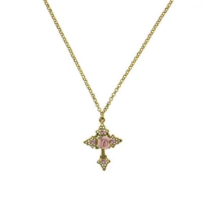 2028 Gold-Tone Pink Crystal Cross and Pink Porcelain Rose Filigree Necklace 16" Adjustable