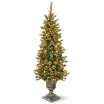 National Tree 4' Glittery Gold Pine Entrance Tree with Berries, Cones and 100 Clear Lights in a Dark Bronze Pot