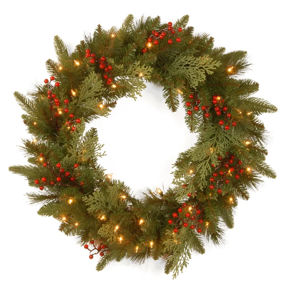 National Tree Company 24" Feel Real(R) Classical Collection Wreath with 8 Red Berries, 8 Cedar Leaves & 50 Battery Operated Warm White Led Lights w/Ti