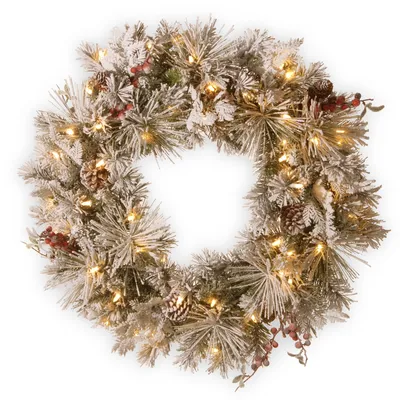 National Tree Company 30" Snowy Bedford Pine Wreath with Cedar Leaves, Red Berries, Mixed Cones & 70 Warm White Battery Operated Led Lights w/Timer
