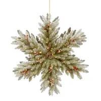 National Tree Company 32" Snowy Dunhill Fir Double Sided Snowflake with Cones, Red Berries & 100 Warm White Battery Operated Led Lights w/Timer