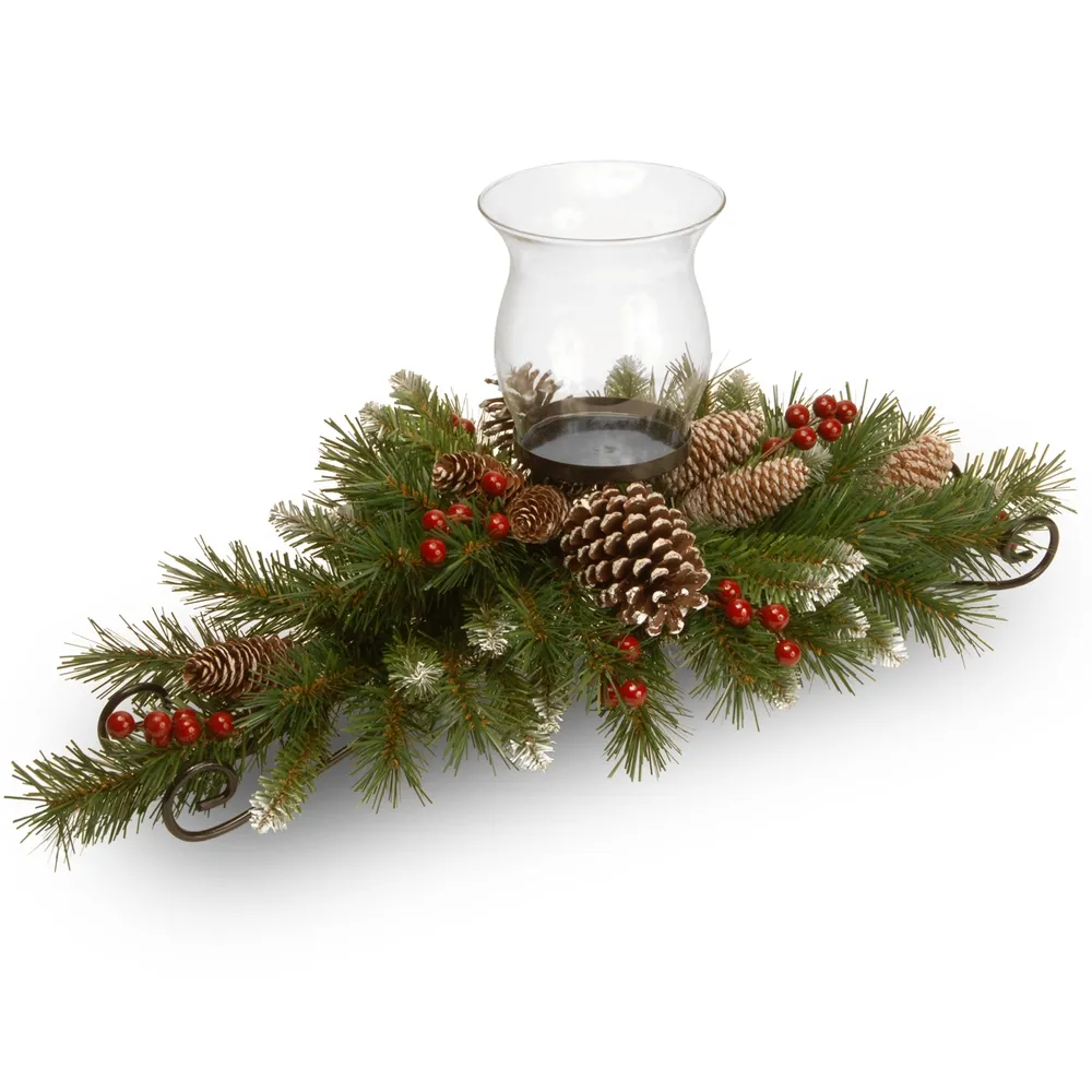 National Tree Company 30" Frosted Berry Centerpiece with 1 Candle Holder & Glass Hurricane