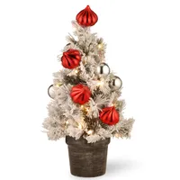 National Tree Company 2' Snowy Bristle Pine Tabletop Tree w Ornaments in Black/Silver Urn & Warm White Lights w/Timer