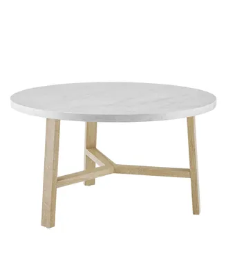 30 inch Round Coffee Table in Faux White Marble and Acorn
