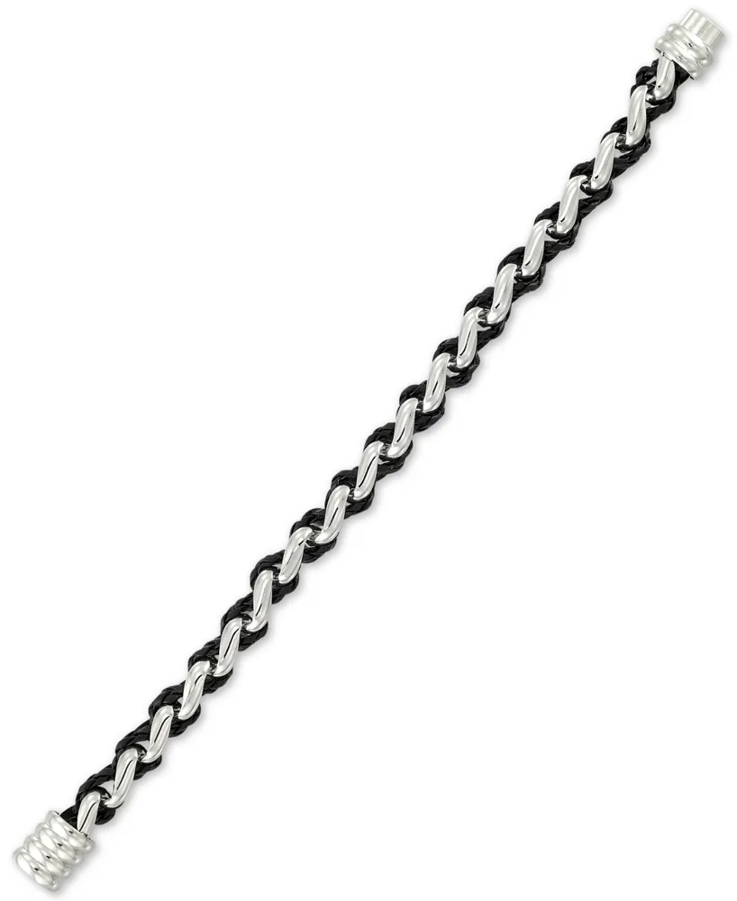 Legacy for Men by Simone I. Smith Black Leather Braided Bracelet in Stainless Steel