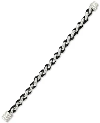 Legacy for Men by Simone I. Smith Black Leather Braided Bracelet in Stainless Steel