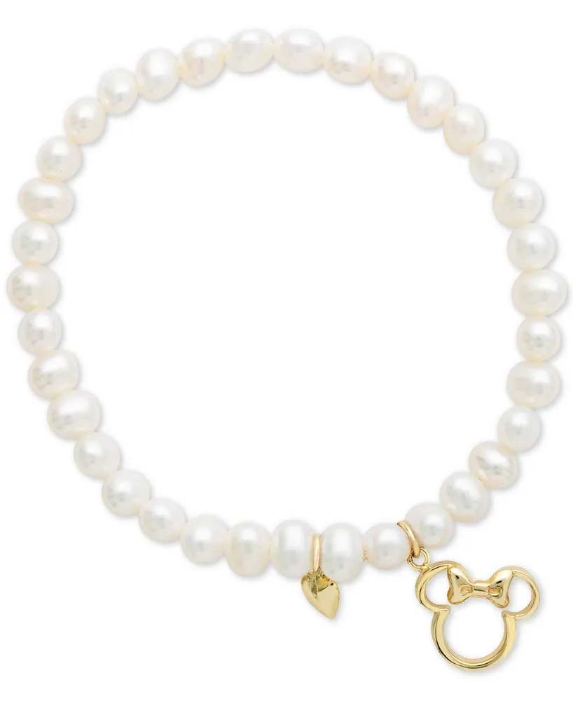 Disney Children's Cultured Freshwater Pearl (4mm) Minnie Mouse Charm Stretch Bracelet in 14k Gold