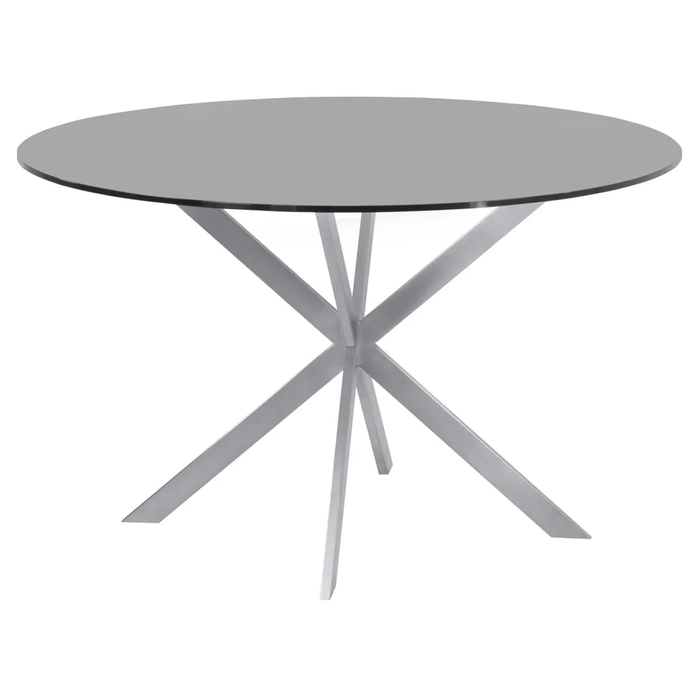 Mystere Round Dining table: In Brushed Stainless Steel With Gray Tempered Glass Top