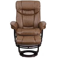 Contemporary Palimino Leather Recliner And Ottoman With Swiveling Mahogany Wood Base