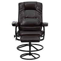 Massaging Brown Leather Recliner And Ottoman With Metal Bases