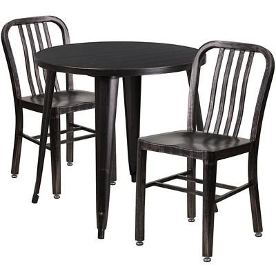 30'' Round Black-Antique Gold Metal Indoor-Outdoor Table Set With Vertical Slat Back Chairs