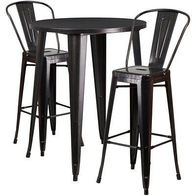 30'' Round Black-Antique Gold Metal Indoor-Outdoor Bar Table Set With Cafe Stools