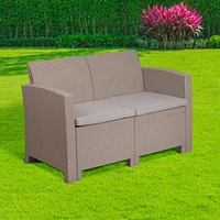 Light Gray Faux Rattan Loveseat With All-Weather Light Gray Cushions