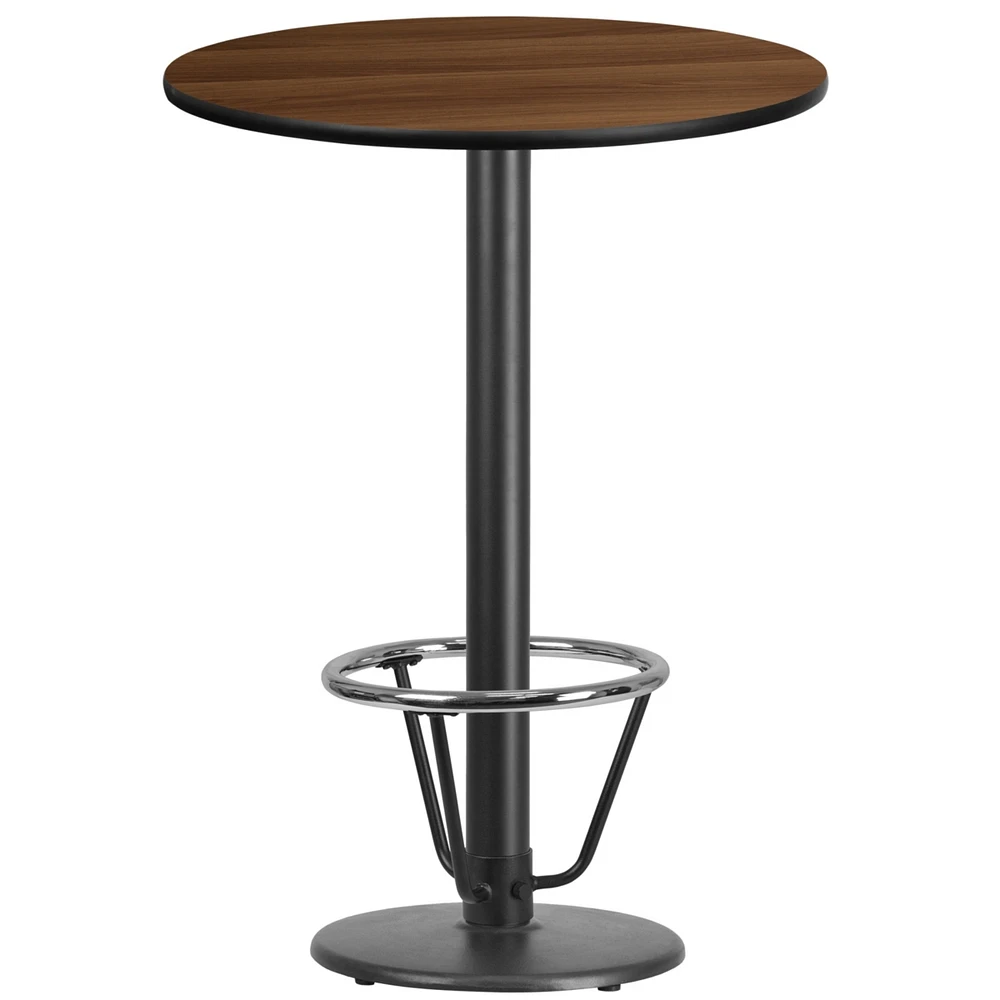 30'' Round Walnut Laminate Table Top With 18'' Round Bar Height Table Base And Foot Ring