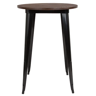 30" Round Black Metal Indoor Bar Height Table With Walnut Rustic Wood Top