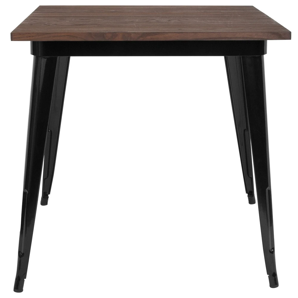 31.5" Square Black Metal Indoor Table With Walnut Rustic Wood Top