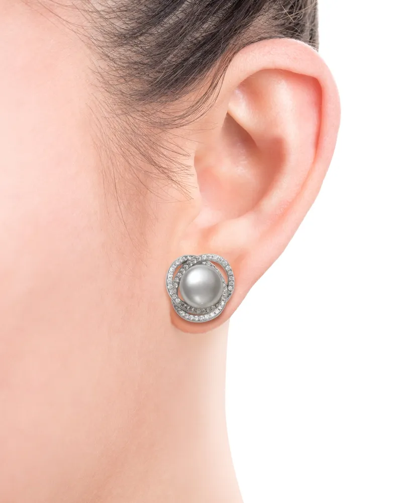 Cultured Freshwater Pearl (9mm) & Cubic Zirconia Spiral Stud Earrings in Sterling Silver