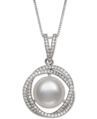 Cultured Freshwater Pearl (11mm) & Cubic Zirconia 18" Pendant Necklace in Sterling Silver
