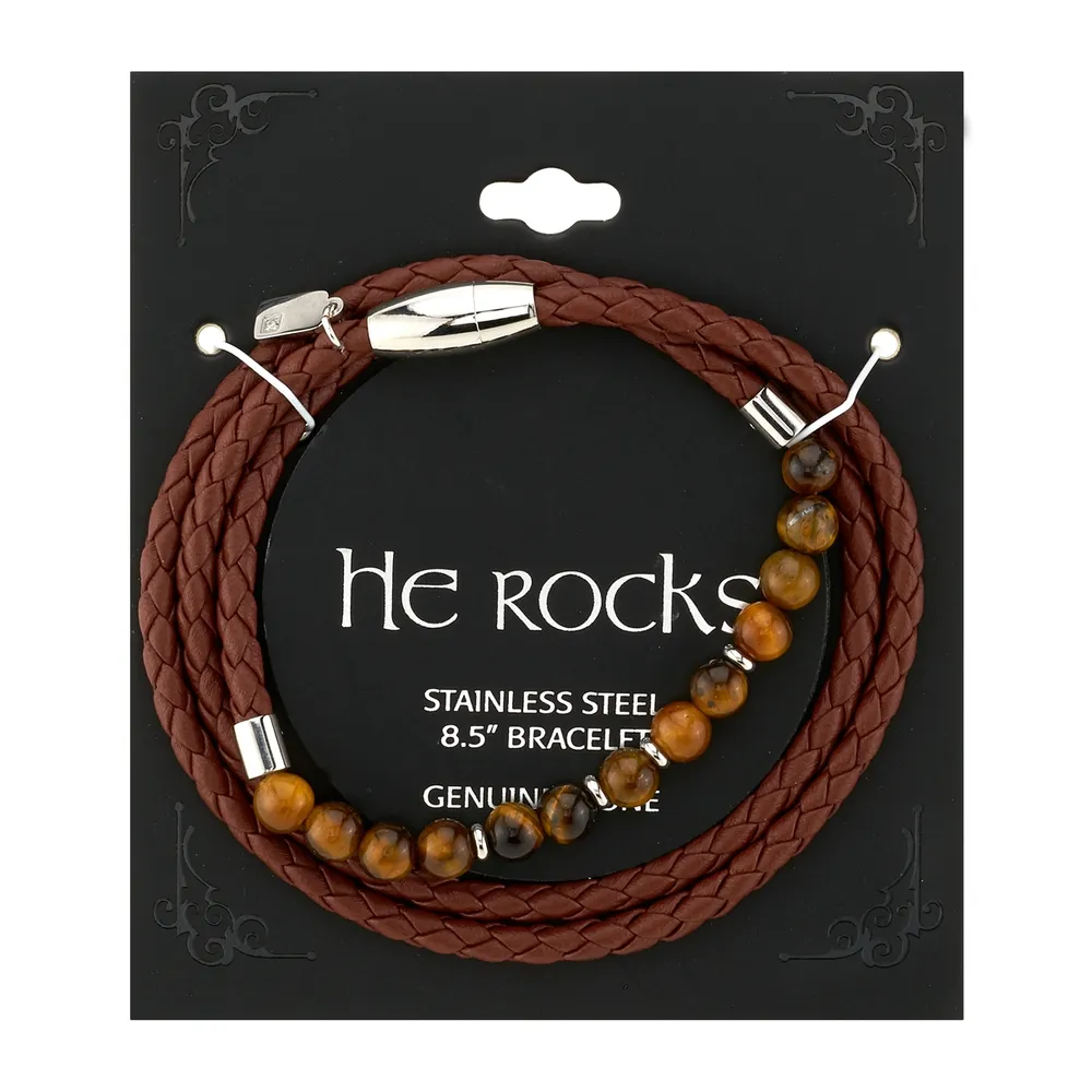 He Rocks Brown Leather and Tiger Eye Bead Triple Wrap Bracelet with Stainless Steel Clasp, 26"